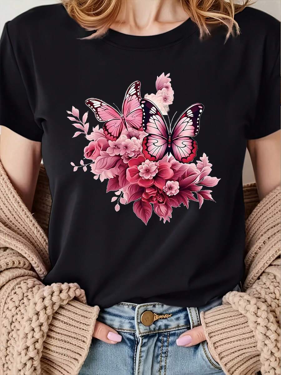 Mariposa florece estampado gráfico camiseta | manga corta cuello tripulación top casual para primavera / verano, diseño de acuarela floral de la mujer