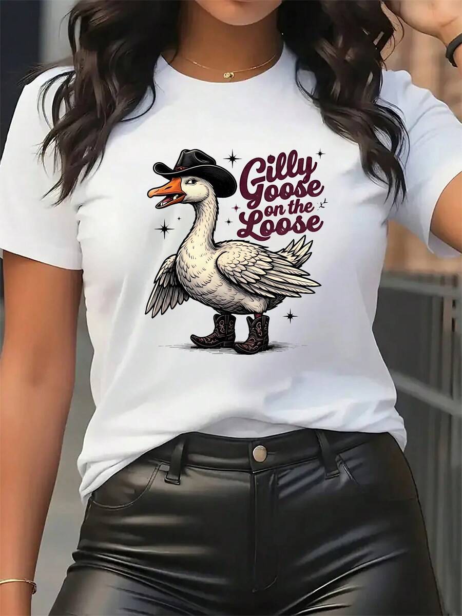 Fashionable Women's Sporty Short-Sleeve T-Shirt - The Pattern Printed On The Pink T-Shirt Features A Goose Wearing A Cowboy Hat And Cowboy Boots, Accompanied By The Text "Gilly Goose On The Loose". - 白色 - 查看 1