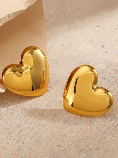 1 Pair Vintage-Style Minimalist Gold Heart-Shaped Stainless Steel Stud Earrings, Suitable For Daily Wear, Gift For Mom/Wife