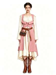 Vintage European Countryside Style Medieval Long Dress, Potion Belt Renaissance Palace Costume, Halloween Cosplay Outfit Pink - Pink - View 9