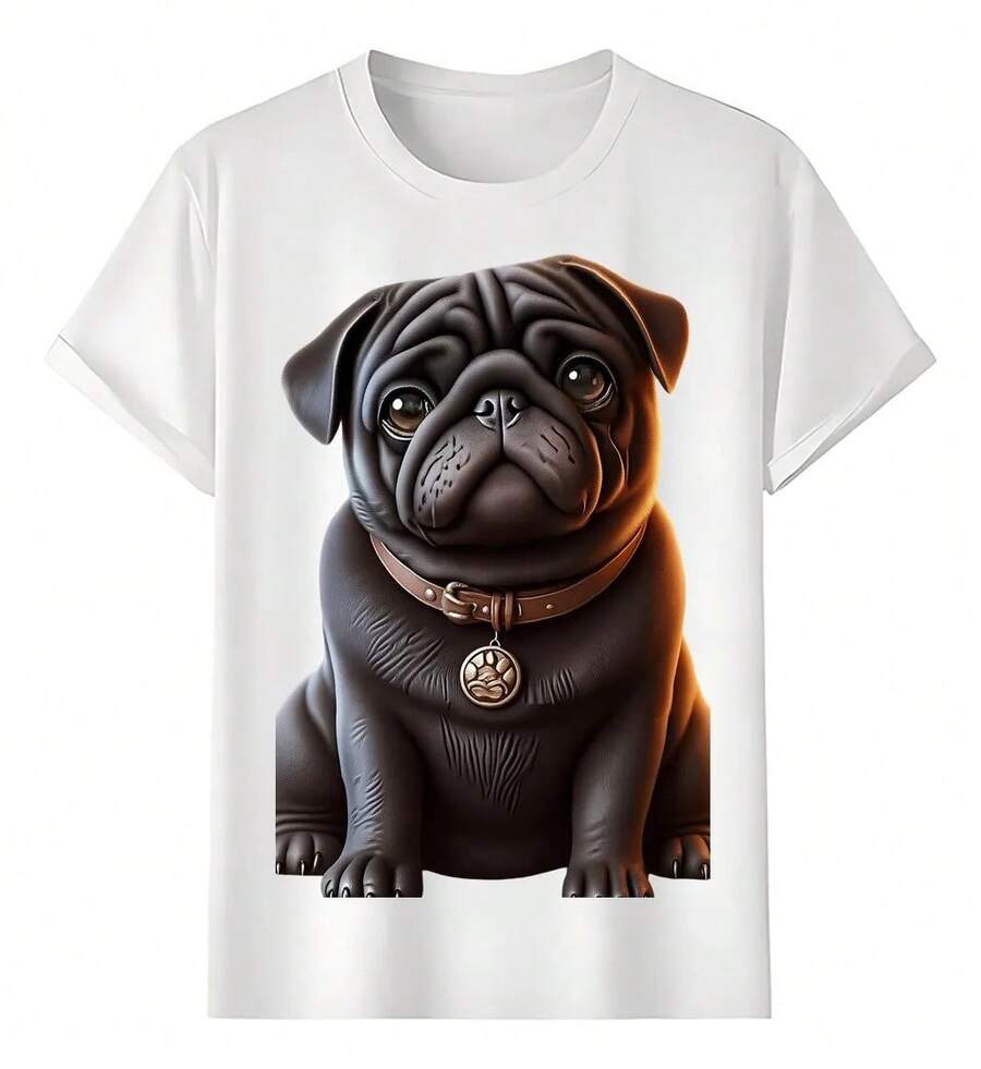 Pug Dog T-Shirts With Leather Collar - 白色 - 查看 1