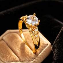 Nhẫn đính hôn bằng đồng mạ vàng 14K hình tròn kiểu công chúa đính đá Cubic Zirconia tổng hợp, nhẫn cưới thanh lịch, chi tiết tinh tế, thiết kế 5 chấu - Thích hợp làm quà tặng cho các bữa tiệc, ngày Valentine và nhiều dịp khác. - nhẫn - Xem 1