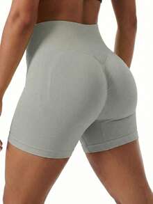FWH #Slimming & Shaping# 女款無縫運動短褲，彈性腰帶，3D抓皺設計，舒適彈性腰，提臀抓皺效果，強化臀部線條，活動不受限，適合日常休閒、運動、健身、跑步，休閒提臀健身短褲 - 灰色 - 查看 5