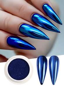 1 Box Blue 4th Of July Metallic Mirror Nail Powder, Metallic Glitter Nail Art Design, DIY Holiday Matte Nail Powder Supplies - Blue - View 3
