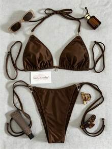 2pcs Solid Color Personalized Women's Bikini Fashion Beach Swimwear Set, Metal Decor, Drawstring Halter Design, Suitable For Beach, Pool, Cruise, Party, Spring/Summer, Elegant & Sexy Vacation - Brown - View 2