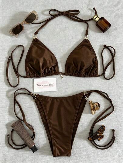 2 piezas Conjunto de bikini de mujer de unicolor personalizado, Traje de baño de moda para la playa, Decoración metálica, Diseño de cuello halter con cordón, Adecuado para playa, piscina, crucero, fiesta, primavera/verano, Elegante y sexy para vacaciones