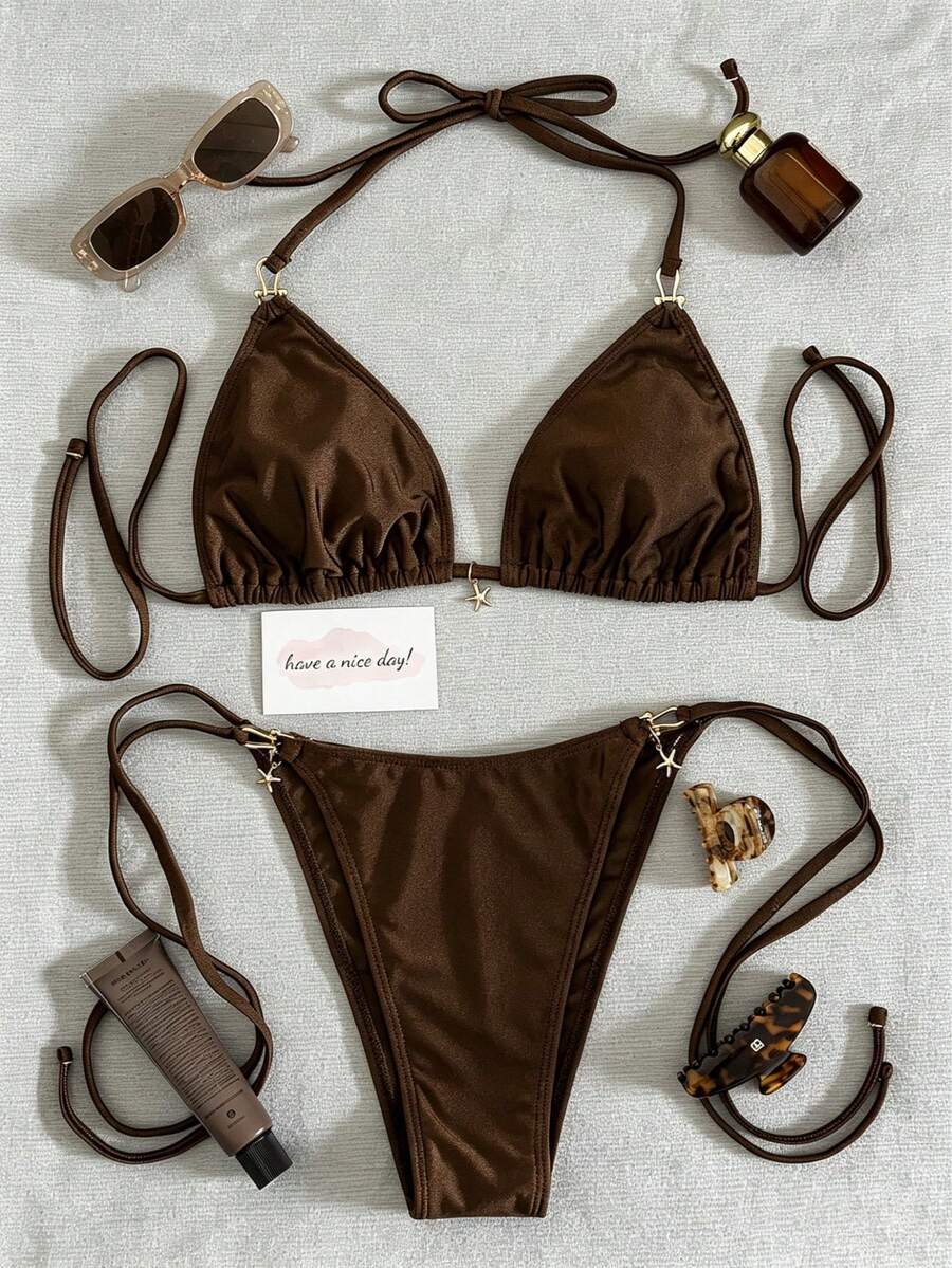 2pcs Solid Color Personalized Women's Bikini Fashion Beach Swimwear Set, Metal Decor, Drawstring Halter Design, Suitable For Beach, Pool, Cruise, Party, Spring/Summer, Elegant & Sexy Vacation