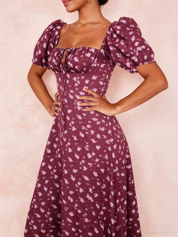 2026 Spring New Women's Clothing: Cross-Border European And American Dress, Elegant Floral Print Long Dress With Slit And Tie - 酒紅色 - 查看 3
