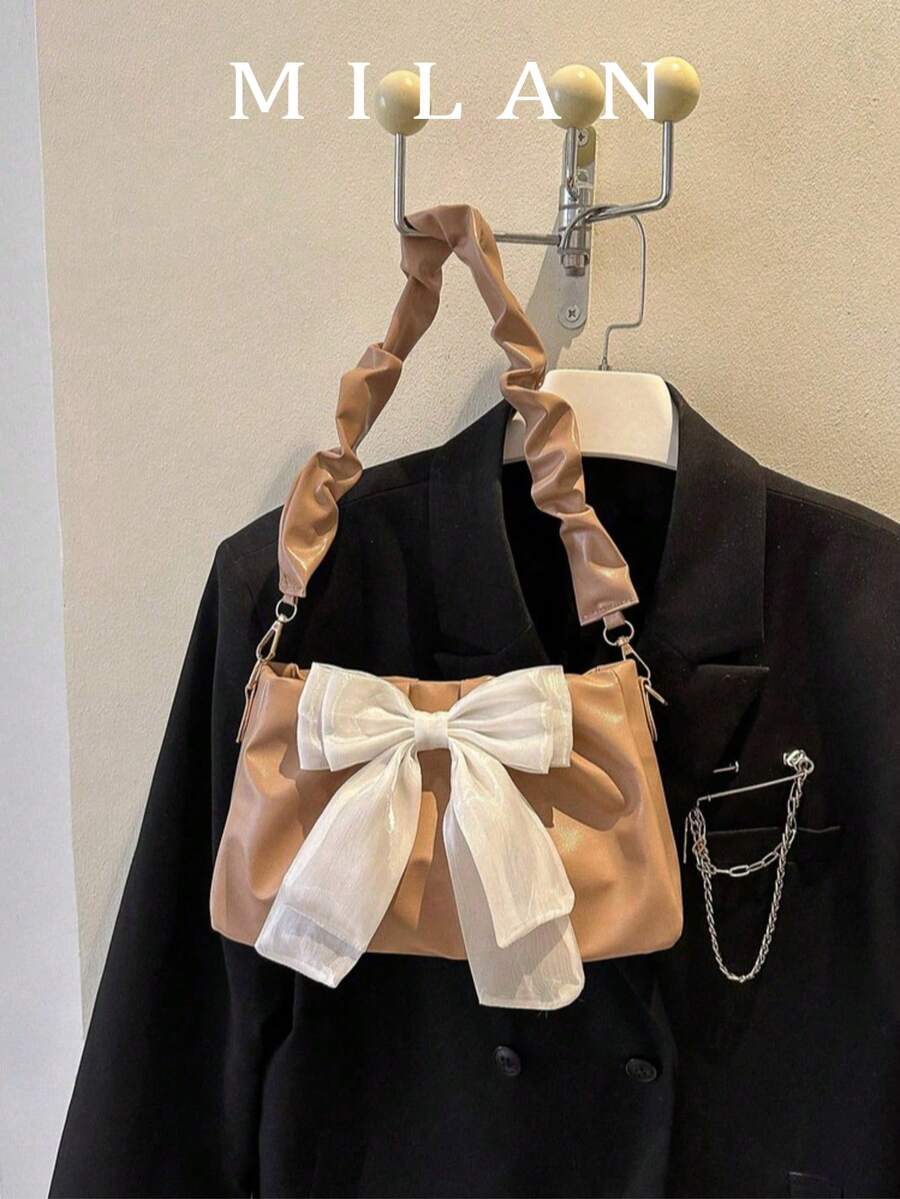 Bolso de hombro con cadena plisada y decoración de lazo - Caqui - Ver 1