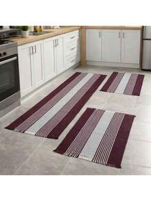 Kitchen Mat And Runner Set With 3 Pieces, Various Colors, Plain And Striped - Burgundy - View 1