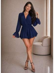 Women's Long-Sleeved Jumpsuit, Duna Elegant V-Neck, Back Tie, Loose Fit, Casual, Winter - 藏蓝色 - 查看 3