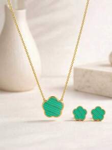 Bộ trang sức 3 món thanh lịch hình cỏ năm lá và hoa bằng thép không gỉ dành cho nữ, mạ vàng 18K không bị xỉn màu, dây chuyền và bông tai dạng đinh tán, chống thấm nước và chống dị ứng, dây đeo xương đòn, trang sức tối giản sang trọng, quà tặng cho người yêu. - Bộ hoa đơn năm cánh - Xem 10