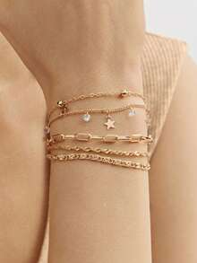 4pcs Fashionable & Popular Cubic Zirconia Star Pendant Multi-Layered Chain Design Beach Style Women's Bracelet Set. Suitable For Women And Girls As A Gift For Dating, Holiday, Parties Or Daily Wear Jewelries - Yellow Gold - View 6