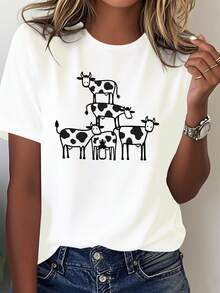 Camiseta blanca pura de mujer con impresión de vaca blanca y negra - Diseño de vaca apilada minimalista, cuello redondo manga corta traje casual, tela suave transpirable, vestido con tema agrícola esencial (lavable en máquina) - Arte de vacas apiladas juguetonas, confort de toda la temporada, ajuste relajado, contraste blanco y negro, estética minimalista, patrón geométrico, confort puro, versátil para faldas de jeans - Blanco - Ver 2