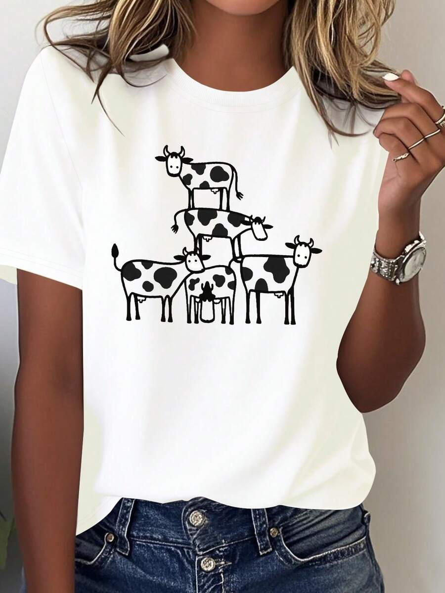 Camiseta blanca pura de mujer con impresión de vaca blanca y negra - Diseño de vaca apilada minimalista, cuello redondo manga corta traje casual, tela suave transpirable, vestido con tema agrícola esencial (lavable en máquina) - Arte de vacas apiladas juguetonas, confort de toda la temporada, ajuste relajado, contraste blanco y negro, estética minimalista, patrón geométrico, confort puro, versátil para faldas de jeans