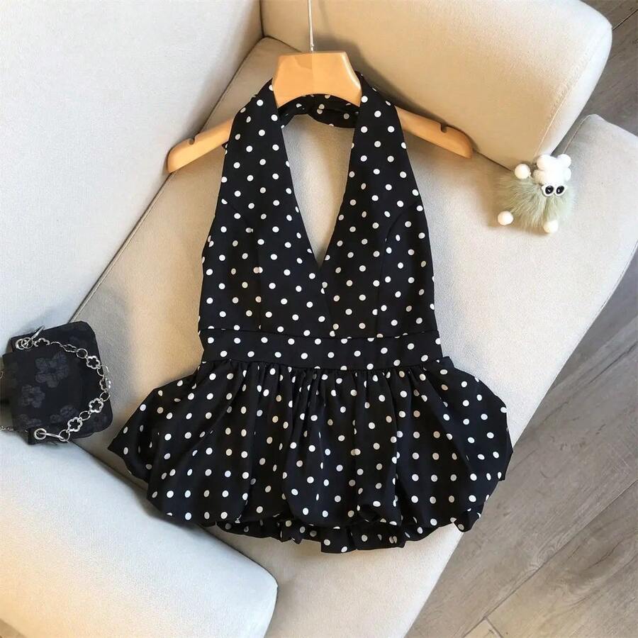 Top corto halter sexy sin espalda para mujer, con lunares, cuello en V, sin mangas, con volantes, camiseta básica informal, novedad - Negro - Ver 1