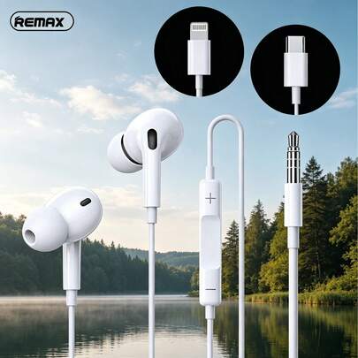 REMAX RM-575 Wired Headphones: Comfortable Fit, Clear Call Quality, Lossless Audio, Suitable For Smartphone Use. Minimalist White Design.