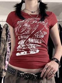 Áo thun nữ thời trang Y2K họa tiết in chữ tiếng Anh, vải dệt kim, phong cách streetwear mặc hàng ngày, casual xuân/hè - Đỏ - Xem 4