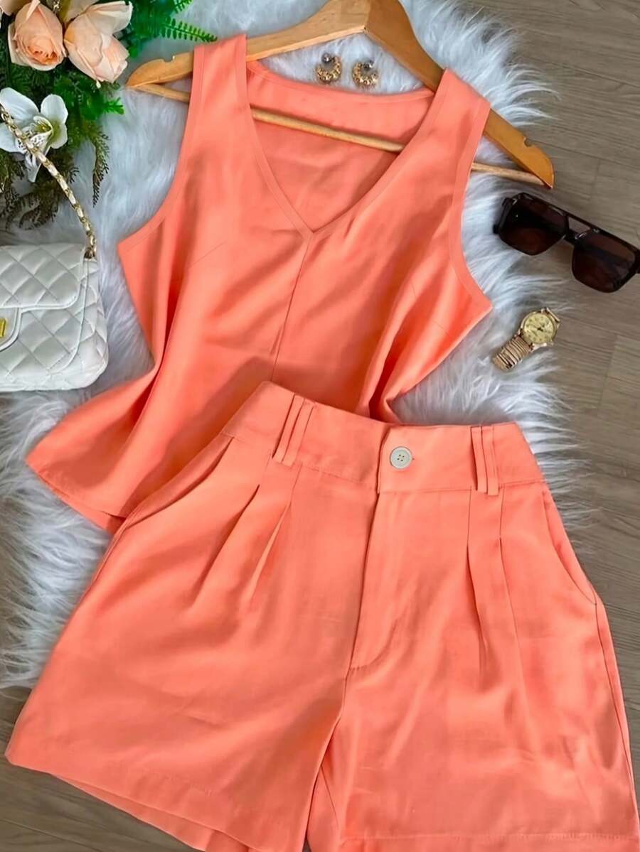 Women's V-Neck Sleeveless Tank & High Waist Pleated Shorts 2-Piece Casual Summer Set,Pants,2 Piece Sets Woman,Business Casual Woman,Clothes - 橘色 - 查看 1