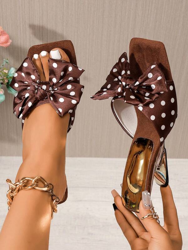 New Fashionable Sexy School Style Bow Tie Office Asymmetric Heel Square Toe High Heel Sandals, Comfortable Soft Material Low Price Countryside Outdoor Holiday Slip-On Shoes, Polka Dot Decor One-Piece Slippers, Fashionable Avant-Garde Women's Formal Shoes, Dance Party Shoes, Polka Dot Gold Heel Shiny Sandals