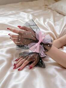 1 Pair Black Fashionable Versatile Y2K Bow Lace False Cuffs, Suitable For Daily Wear Or Weddings, Punk Style,Gloves,Party - Pink - View 2