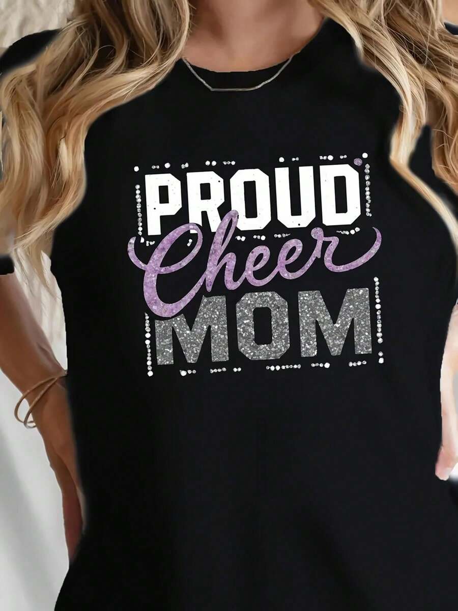 Wo Proud Cheer Mom T-Shirt | Comfort Fit Crew Neck Tee With Bold "PROUD Cheer MOM" Lettering In Black, Purple, And White - Black - View 1