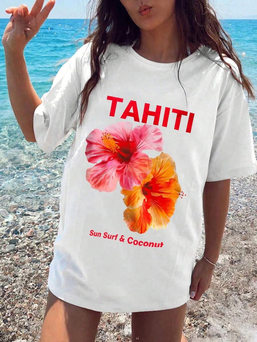 Camiseta de playa Camiseta de playa Mujeres Tahiti Floral patrón camiseta-estilo de playa, surf y coco patrón camiseta, ropa de verano informal