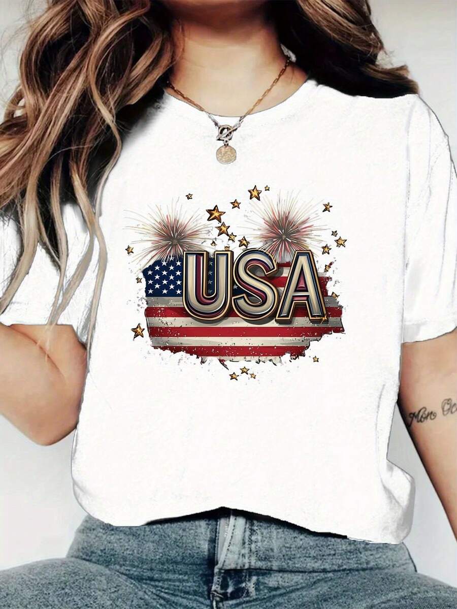 Fashionable Hurray Crew Neck Patriotic Print T-Shirt For Women - Round Neck Casual Top - Lightweight And Breathable All-Season T-Shirt - 白色 - 查看 1