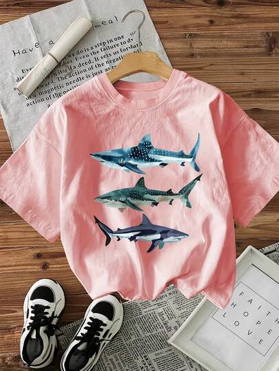 T-shirt rose en coton à col rond et manches courtes avec imprimé requin pour femmes, style streetwear décontracté d'été, Top pour printemps & été, tenue d'extérieur, style Y2K