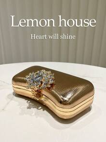 1pc Elegant Gold Reflective PU Plaid Evening Bag, Rhinestone Clasp, Fashion Clutch Purse, Suitable For Formal Dinner, Party, Wedding, Ideal Gift For Women - Gold - View 7