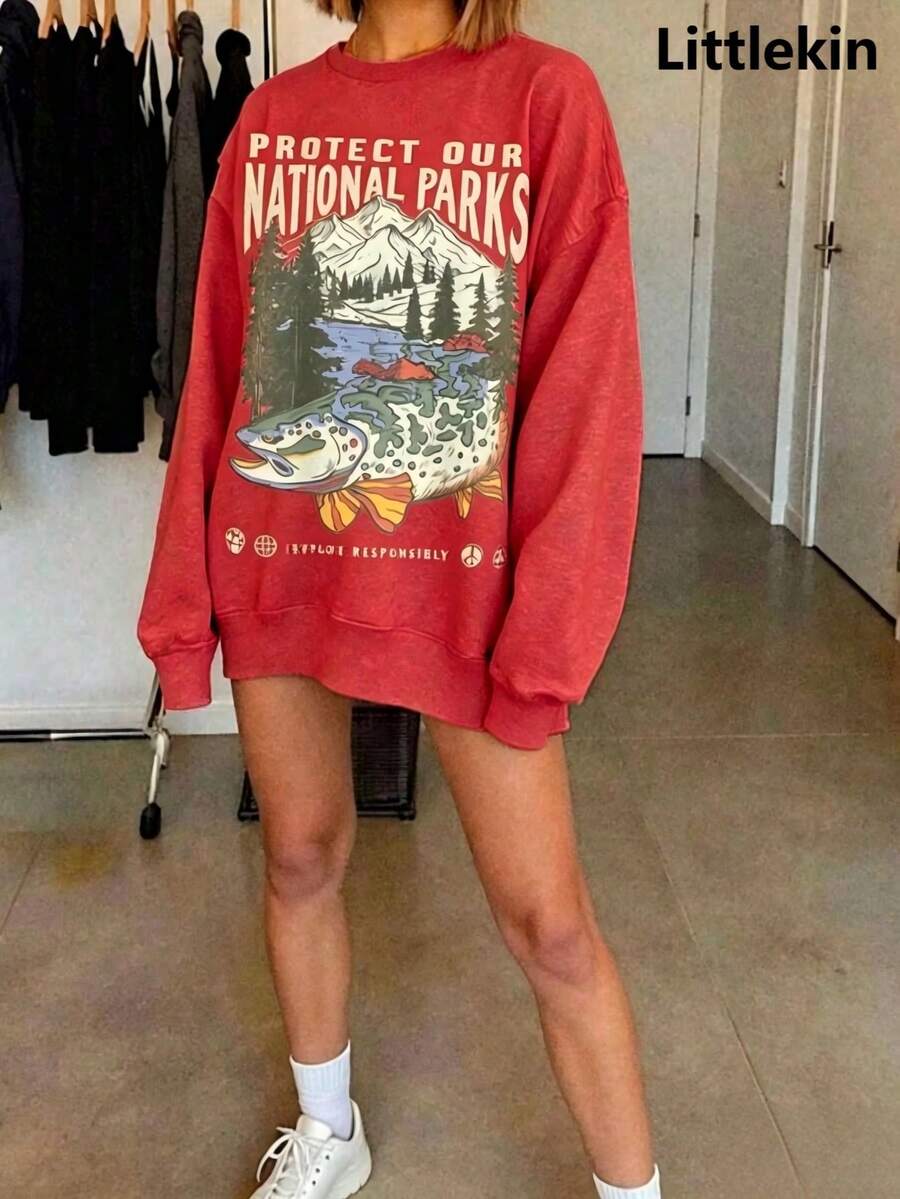 90s National Parks Unisex Sweatshirt Granola Girl Shirt Respect Local Wildlife Pullover Hiking Camping Clothes Wanderlust Shirt - 紅色 - 查看 1