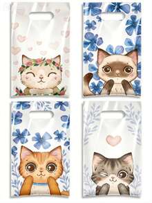 25/50pcs Cat Pattern Canvas Tote Bags, 4 Cute Kitten Designs, Cartoon Cat Gift Bags, Suitable For Spring/Summer Parties, Weddings, Bridal Showers, Birthdays, Baby Showers, Great For Cat Lovers - View 2