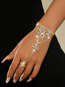 1pc Adjustable Crystal Butterfly Hand Chain Ring, Silver Plated Crystal Hand Jewelry, Shiny Bridal Hand Chain, Suitable For Weddings, Parties And Pageants - Gold - View 5