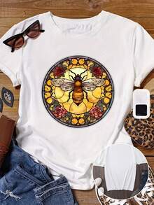 Plus Size Floral Print Short Sleeve T-Shirt With Round Neck - White - View 1