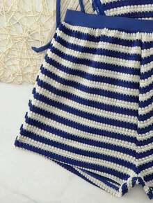 Conjunto de bikini y shorts de baño casuales para vacaciones en la playa de mujeres, 2026, 3 piezas, de tela texturizada con bloques de color y rayas, adecuado para primavera/verano, fiestas en la piscina, citas - Azul y blanco - Ver 5