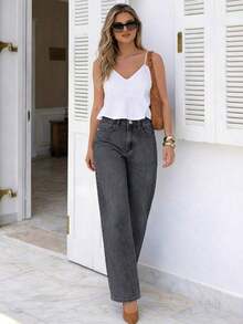 Jeans anchos de pierna ancha de mujer con lavado azul, elásticos y holgados, versátiles para ir al trabajo y uso diario, casuales para todas las estaciones y primavera - Gris - Ver 8