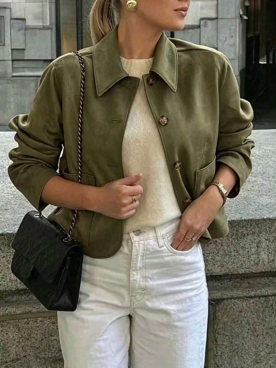 Chaqueta de mujer de unicolor, de manga larga con hombros caídos, con botones delanteros cortos, versátil y de moda - Verde - Ver 1