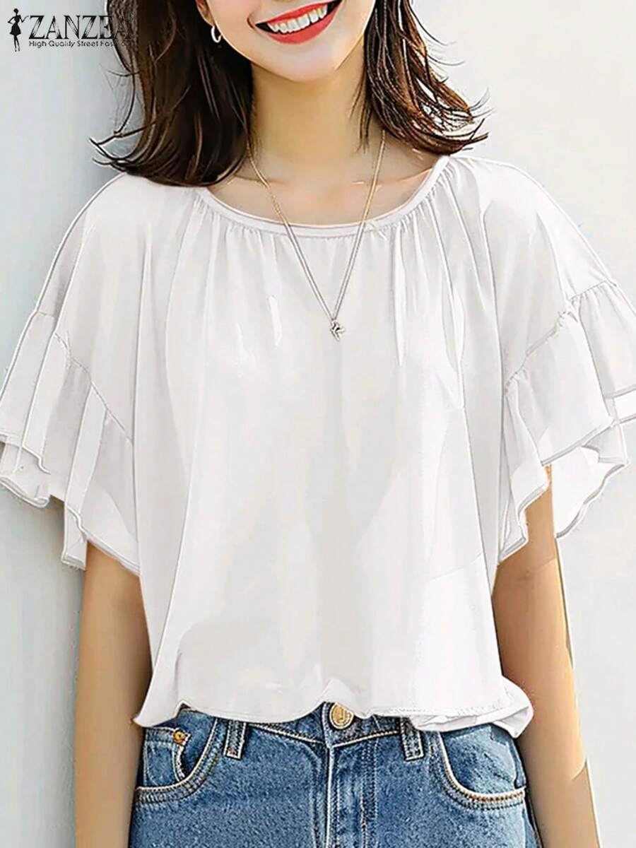 ZANZEA-Blusa de gasa para mujer, Tops elegantes de manga corta con volantes, camisa informal de moda coreana, Túnica elegante con dobladillo con volantes, verano 2025 - Blanco 2 - Ver 1
