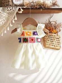 Multicolor Crochet Ruffle Trim Pet Dress With Flared Sleeves For Cats And Dogs - Beige - View 11