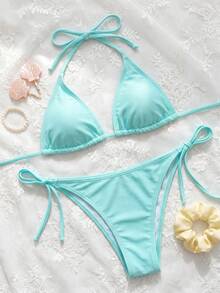 Women's Solid Color Halter Bikini Set With Triangle Cups Vacation Beach - Baby Blue - View 6
