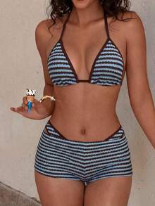 Bộ đồ bơi 3 mảnh dành cho nữ, bộ bikini kẻ sọc retro gợi cảm thời trang với quần cạp cao đồng bộ, thích hợp cho kỳ nghỉ thư giãn và tiệc bể bơi, đồ bơi và trang phục đi biển mùa hè dành cho nữ - Màu xanh lam - Xem 4