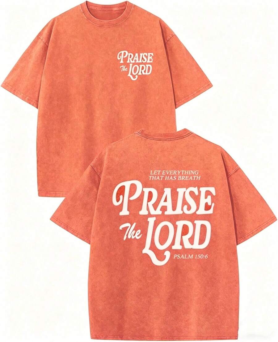 100% Cotton Christian Jesus Shirts For Men Religious Praise The Lord Bible Verse Shirt Oversized Graphic Tees Acid Wash Tshirt- Unisex Women's & Men - 橘色 - 查看 1