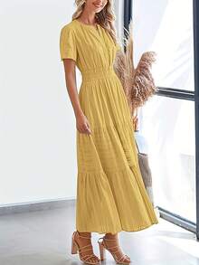 Ladies' Dress, A Stylish And Elegant Long Dress With A Waist-Cinching V-Neck In A Semi-Formal Style. Suitable For Both Formal And Casual Occasions, This Solid Color Dress Is Machine Washable And Perfect For The Office, Weddings, Or Parties - Màu vàng - Xem 5