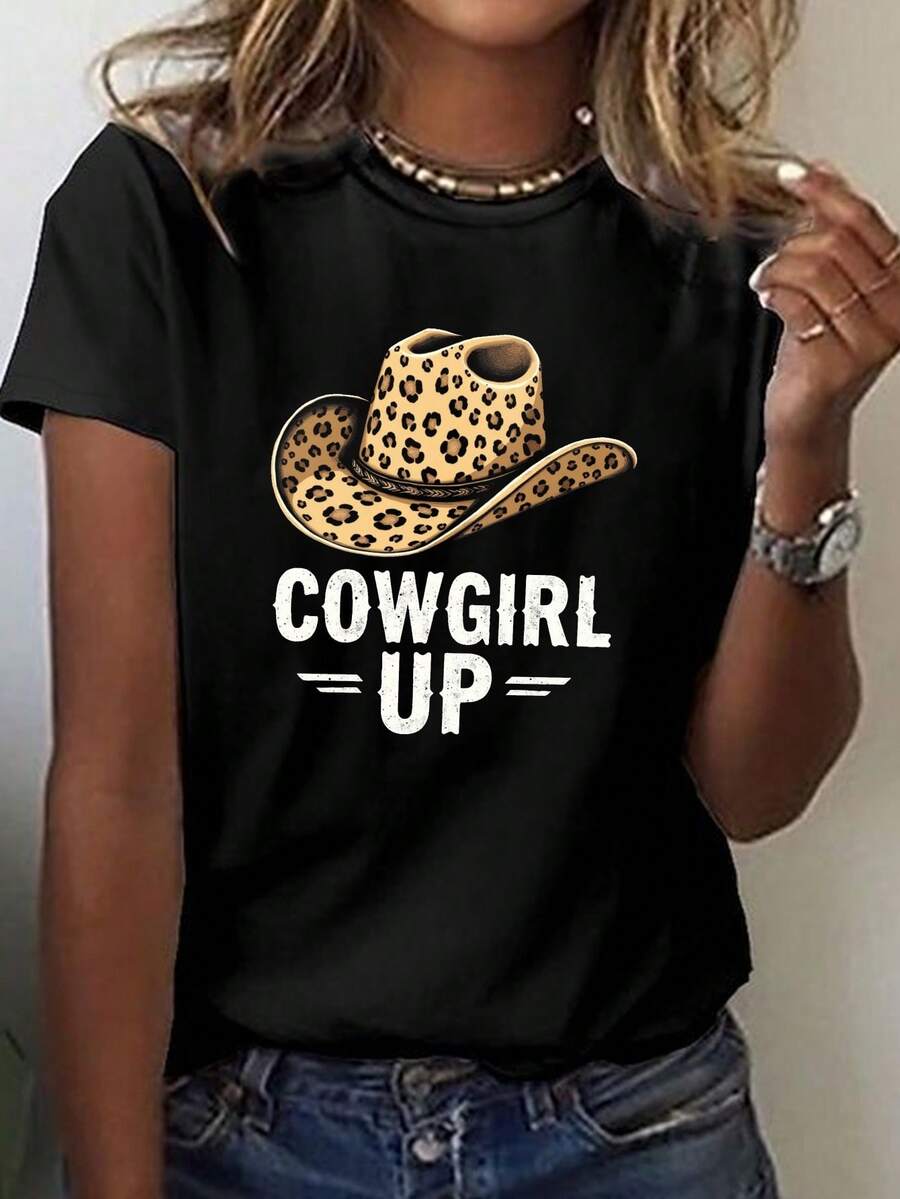 Camiseta con impresión de sombrero de leopardo, cuello de la tripulación de manga corta Top casual para el verano y la primavera, ropa de mujer