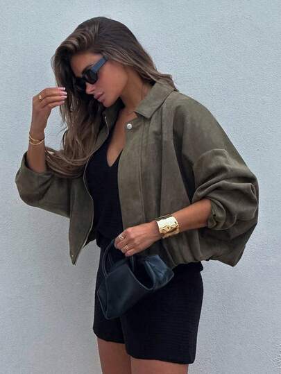 Women's Casual Street Style Solid Color Loose Zip-Up Jacket, Suitable For Spring/Autumn And Winter
