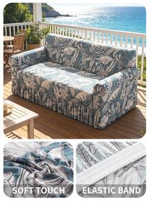 1pc Printed Ruffled Elastic Sofa Cover, Dust-Proof And Dirt-Resistant, Stretch-To-Fit Full Coverage Sofa Protector, Home Decor, Machine Washable - Gray Blue - View 7