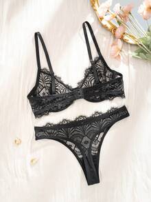 1 Set Women's Black Floral Lace Underwire Bra Set - Black - View 7