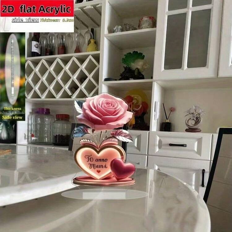 Đồ trang trí nhà cửa in hình trái tim hoa hồng 2D phẳng, cá nhân hóa, làm từ acrylic, họa tiết ngọt ngào. - 1PC - Xem 6