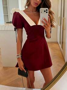 Chiếc váy thanh lịch và tối giản này rất phù hợp để mặc hàng ngày. Chất liệu vải dệt tương phản đen trắng tạo nên vẻ ngoài thời trang, sang trọng và quyến rũ. - Màu Đỏ Sâu - Xem 2