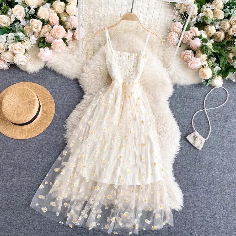 YuooMuoo-vestido de mujer, moda coreana, estampado Floral, tirantes finos, vestido de fiesta de malla, Estilo de vacaciones, Vestidos de playa para mujer 2026 - Beis - Ver 1